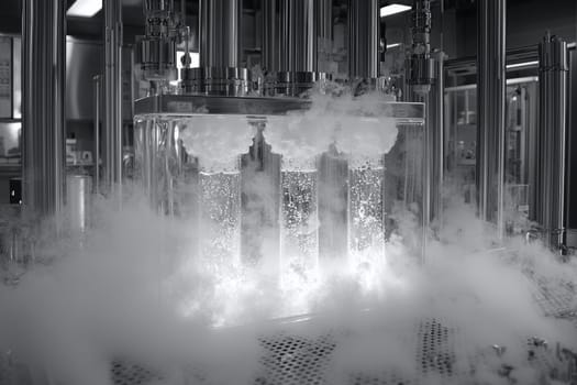 Bubbling liquids create a misty atmosphere as fog engulfs glass containers in a scientific laboratory during an experimental process.