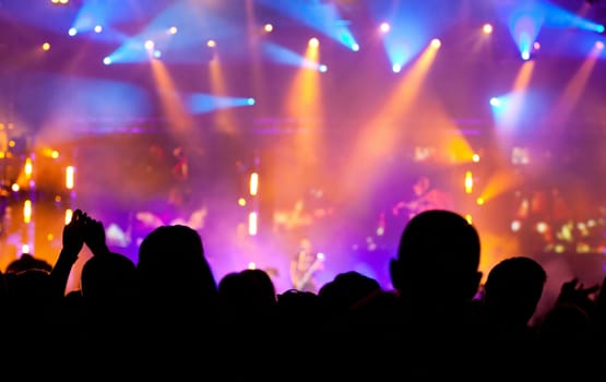 Cheering crowd in front of bright colorful stage lights