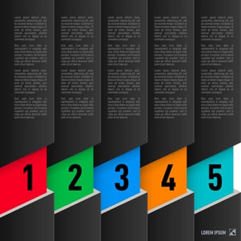 Infographics in paper style with black columns and colored numbered items from one to five