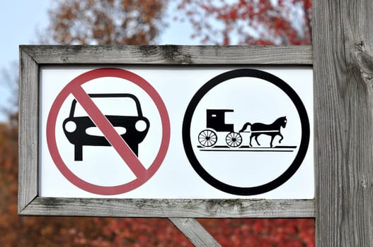 Signs erected in areas with Old Order Amish  Old Order Mennonite or members of a few different Old Order 'Brethren' groups. The Amish are known for simple living  plain dress  and reluctance to adopt modern convenience.