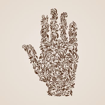 Floral pattern of vines in the shape of a hand on the beige background