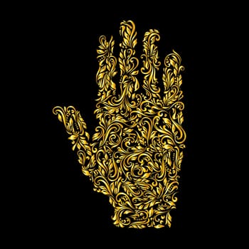 Floral gold pattern of vines in the shape of a hand on a black background
