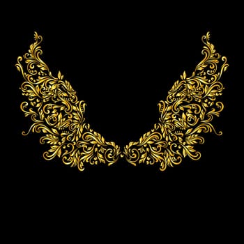 Floral gold pattern of vines in the shape of a wings on  black background