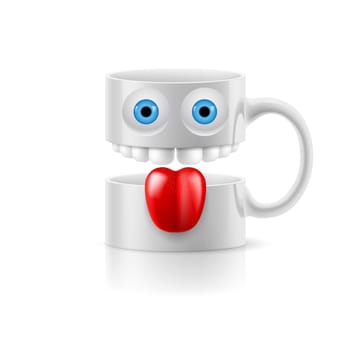 White mug of two parts with teeth, tongue and a couple of blue eyes.