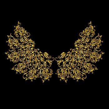 Floral gold pattern of vines in the shape of a wings on a black background