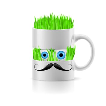 White mug of two parts with moustache having grass and two eyes inside.