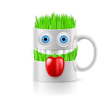 White mug of two parts with teeth, tongue and a couple of blue eyes, grass inside.