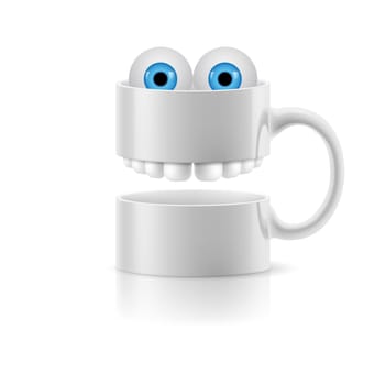 White mug of two parts with teeth and a couple of blue froggy eyes.