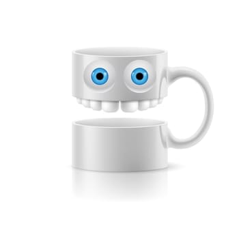 White mug of two parts with teeth and a couple of blue eyes.