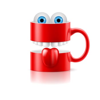 Red mug of two parts with teeth, tongue and a couple of blue froggy eyes.