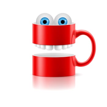 Red mug of two parts with teeth and a couple of blue froggy eyes.