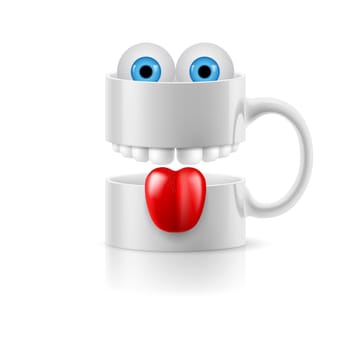 White mug of two parts with teeth, tongue and a couple of blue froggy eyes.