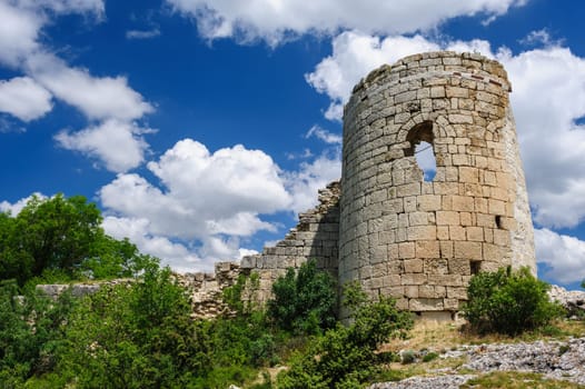 Suyren Fortress, gothian defensive wall with tower. Crimea, Ukraine.
