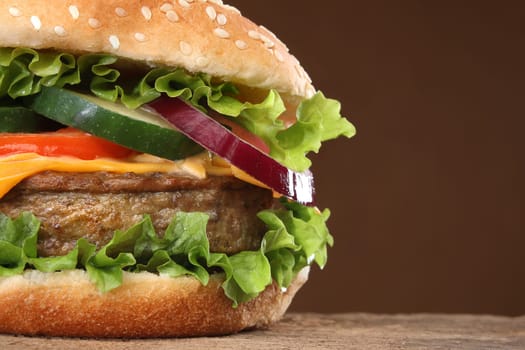Tasty hamburger on wood background. Lots of ingredients