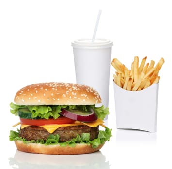 Hamburger with french fries and a cola drink, isolated on white