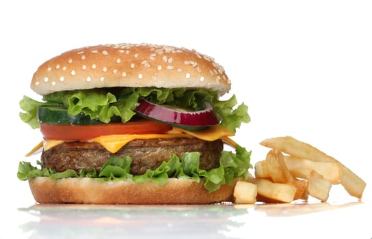 Tasty hamburger and french fries isolated on white