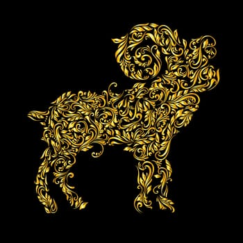Floral gold pattern of vines in the shape of a ibex on a black background