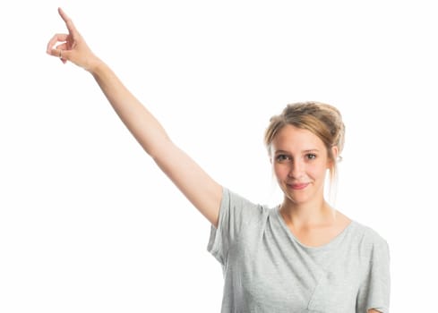 Blonde girl points her finger up