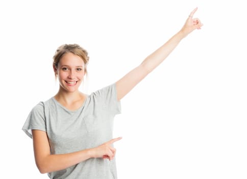 Blonde girl points her finger up