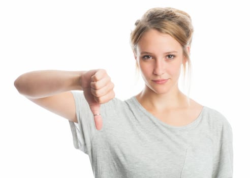 Blonde girl shows off her thumbs down