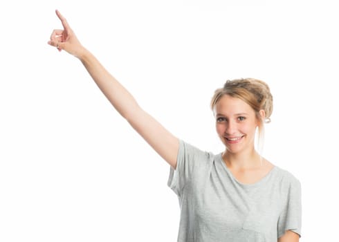 Blonde girl points her finger up
