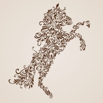 Floral pattern of vines in the shape of a horse on a beige background