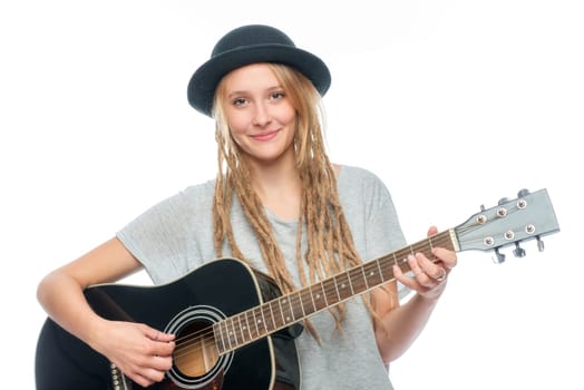 Blonde girl with hat and guitar