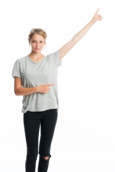 Blonde girl points her finger up