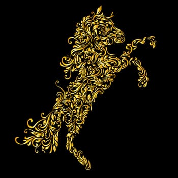 Floral gold pattern of vines in the shape of a horse on a black background