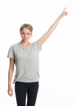 Blonde girl points her finger up