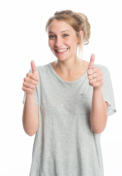 Blonde girl shows thumbs up