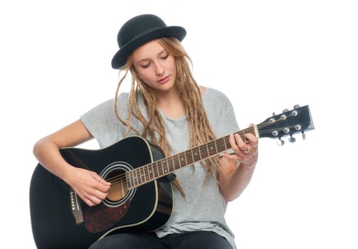 Blonde girl with hat and guitar