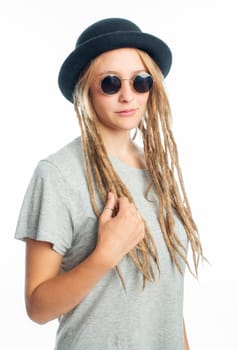 Blonde girl with hat and glasses