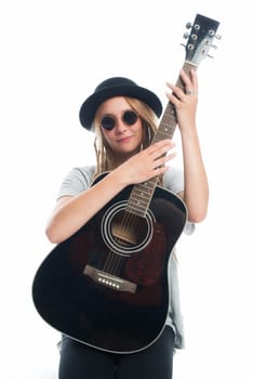 Blonde girl with hat and guitar