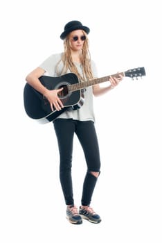 Blonde girl with hat and guitar