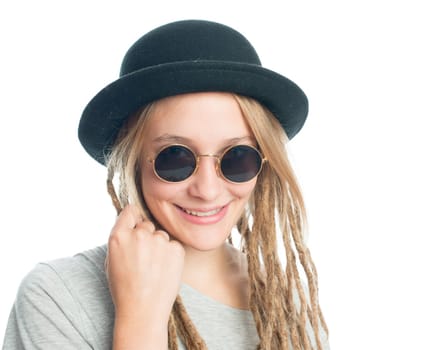 Blonde girl with hat and glasses