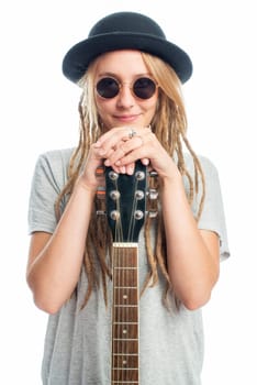 Blonde girl with hat and guitar