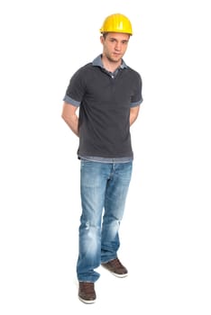 Young man wears a safety helmet