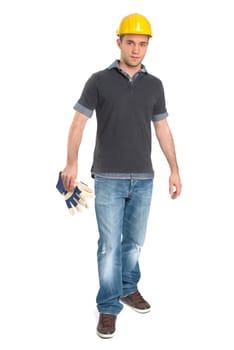 Young man wears a safety helmet