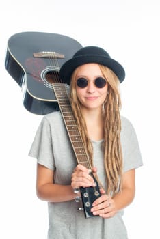Blonde girl with hat and guitar