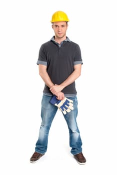 Young man wears a safety helmet