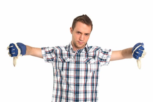 Young man shows off his thumbs down
