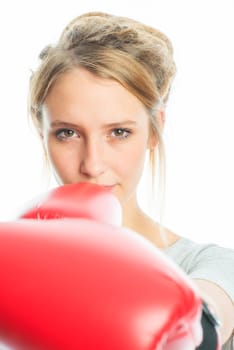 Blonde girl with boxing gloves