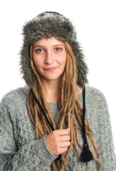 Girl with dreadlocks and fur hat