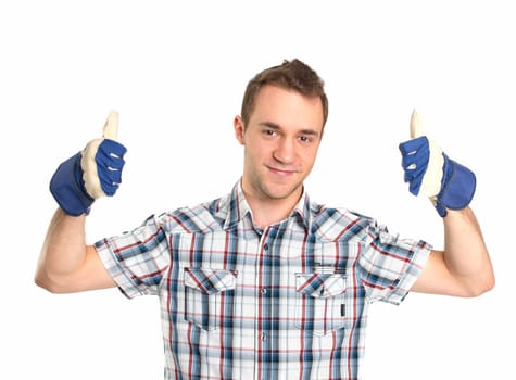 Young man shows thumbs up