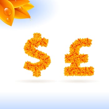 Sans serif font with autumn leaf decoration on white background. Dollar and euro sings