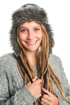 Girl with dreadlocks and fur hat