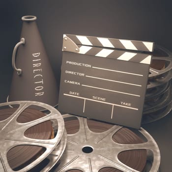 Clapperboard with rolls of film in the retro concept cinema.