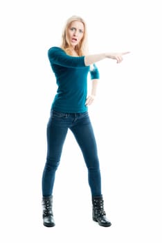 Blonde girl points in one direction