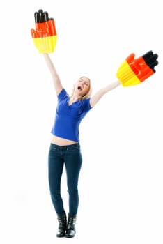 Blonde football fan with big fan gloves